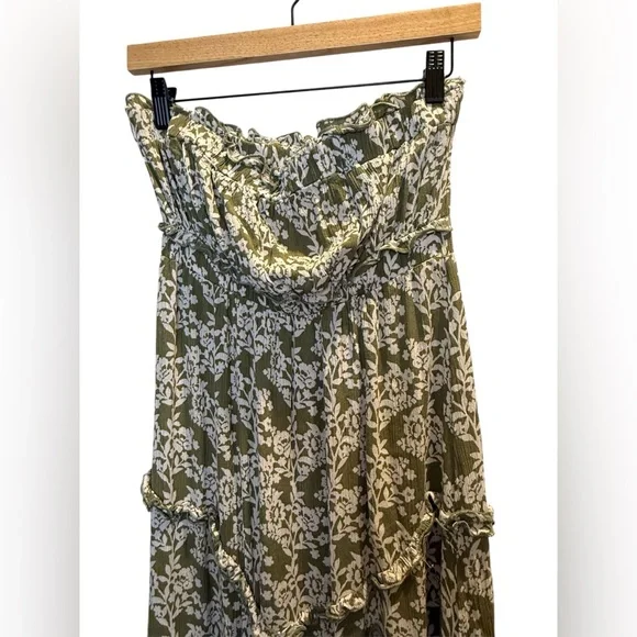 Simplee Olive Green and White Floral Strapless Tiered Maxi Dress with Slit SZ M - Picture 5 of 6